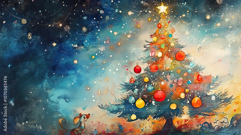 Whimsical Watercolor Christmas: Mouse Gazes at a Sparkling Tree Whimsical Watercolor Christmas: Mouse Gazes at a Sparkling Tree