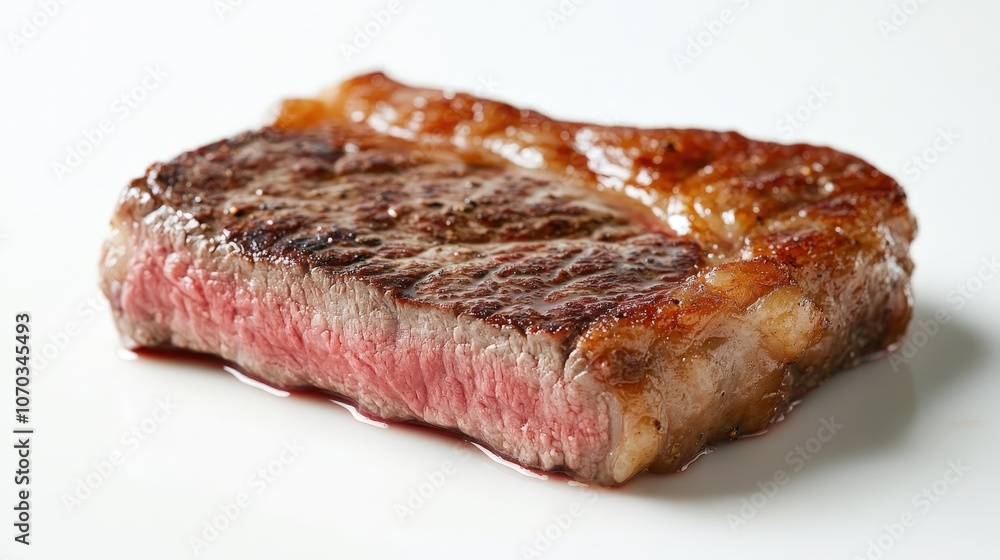 A perfectly cooked steak, its exterior browned and crispy, is placed on a white background. A perfectly cooked steak, its exterior browned and crispy, is placed on a white background.