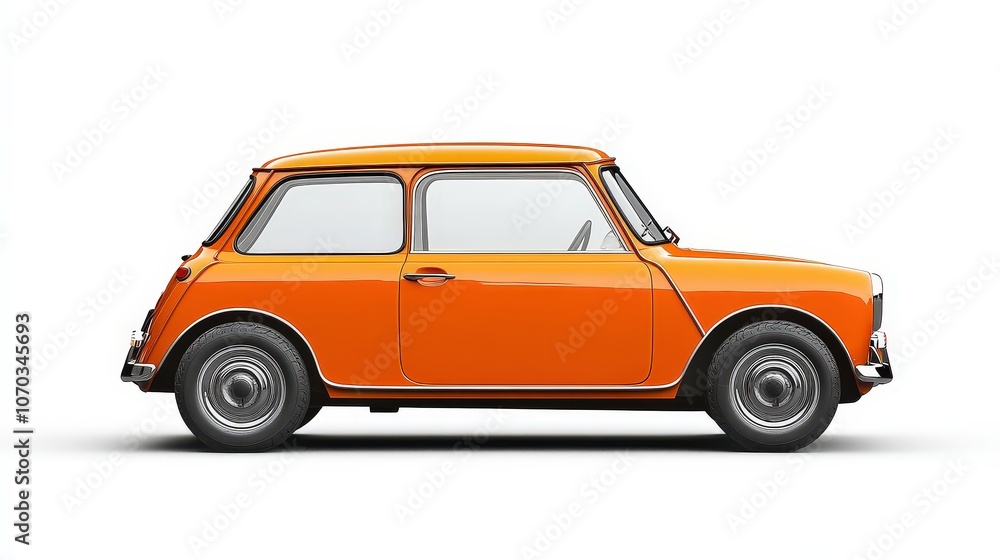 A retro-style Mini Cooper, painted in bright orange, stands out vibrantly against a smooth white background. A retro-style Mini Cooper, painted in bright orange, stands out vibrantly against a smooth white background.
