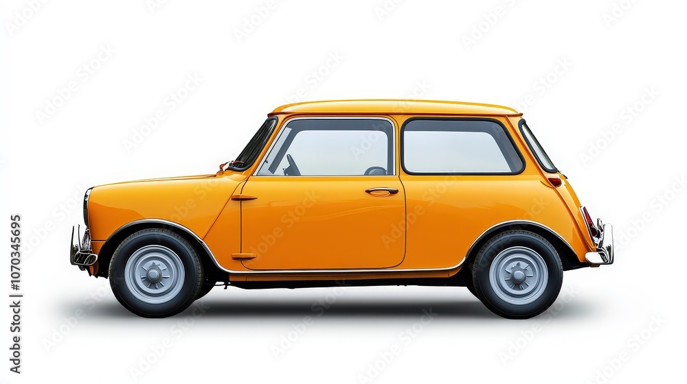 A retro-style Mini Cooper, painted in bright orange, stands out vibrantly against a smooth white background. A retro-style Mini Cooper, painted in bright orange, stands out vibrantly against a smooth white background.