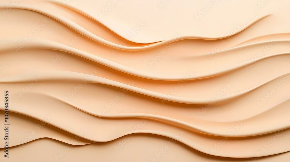 Obraz premium The image shows a close-up of a smooth, creamy, peach-colored substance with a subtle shimmer. It is arranged in gentle, flowing waves that create a sense of movement and fluidity.