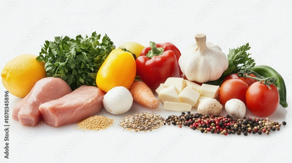 A selection of colorful and fresh foods from the five essential food groups is arranged on a transparent white background. A selection of colorful and fresh foods from the five essential food groups is arranged on a transparent white background.
