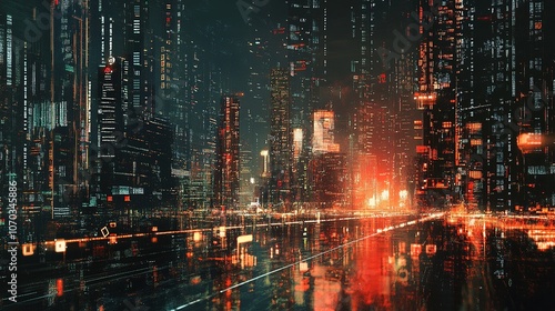 Futuristic digital cityscape with glowing red and blue lights.