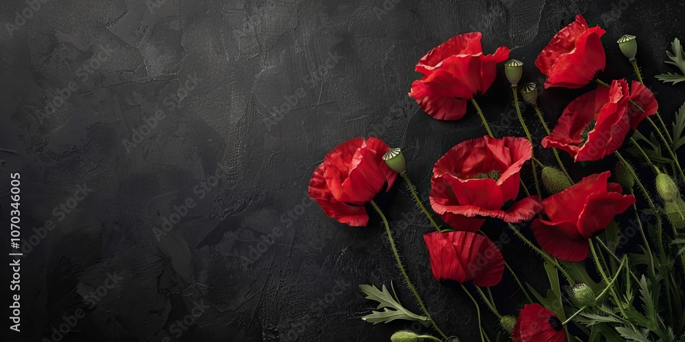 Red poppies arranged on a black background with copy space Red poppies arranged on a black background with copy space