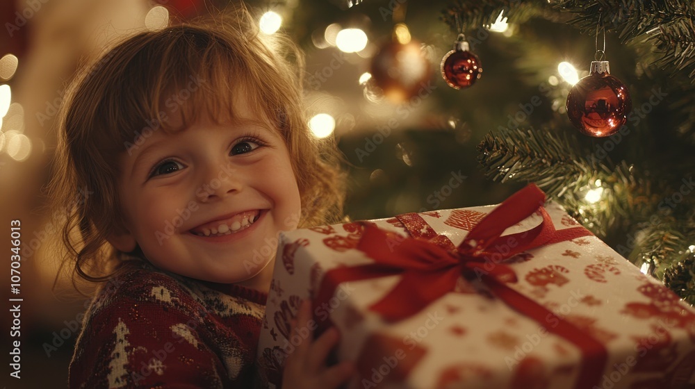 A cheerful child smiles widely while hugging a vibrant wrapped gift near a beautifully decorated Christmas tree adorned with lights and ornaments in a warm indoor environment. A cheerful child smiles widely while hugging a vibrant wrapped gift near a beautifully decorated Christmas tree adorned with lights and ornaments in a warm indoor environment.
