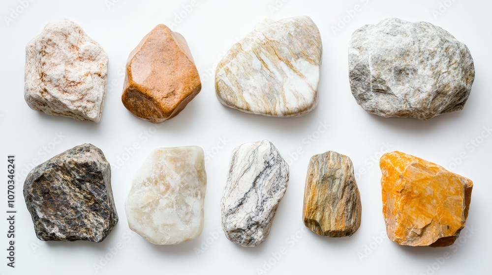 A selection of smooth and rough rocks sits on a white background, the natural details of each stone contrasting with the simplicity of the setting A selection of smooth and rough rocks sits on a white background, the natural details of each stone contrasting with the simplicity of the setting