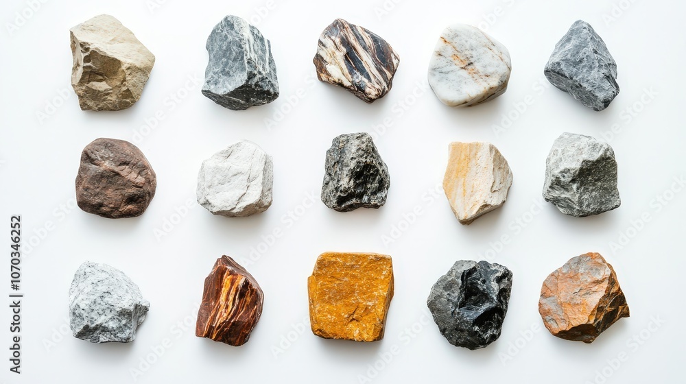 A selection of smooth and rough rocks sits on a white background, the natural details of each stone contrasting with the simplicity of the setting A selection of smooth and rough rocks sits on a white background, the natural details of each stone contrasting with the simplicity of the setting