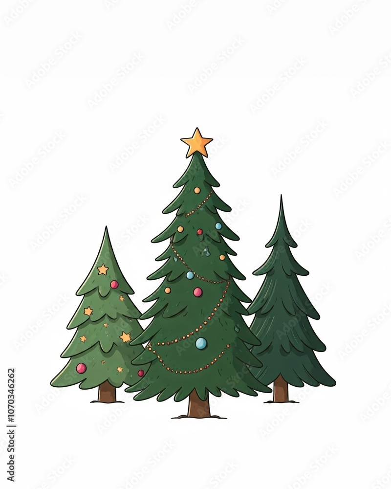 Fototapeta premium Minimalistische Weihnachtskarte mit drei geschmückten Tannenbäumen, verziert mit Girlanden, Kugeln und Sternen, auf weißem Hintergrund mit großzügigem Textfreiraum. Schlicht und elegant. Generative KI