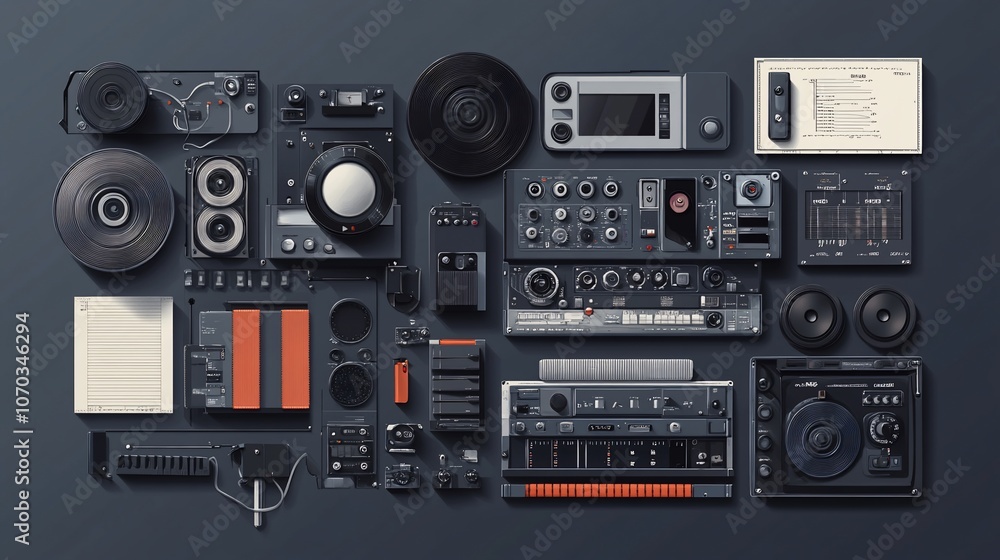 Fototapeta premium Vintage audio equipment and recording studio flat lay with retro tech elements.