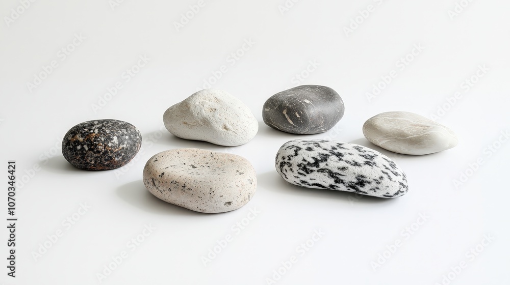 A set of naturally textured rocks is laid out on a clean white background. A set of naturally textured rocks is laid out on a clean white background.