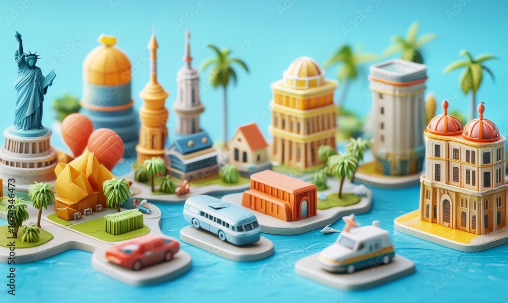 Obraz premium Collection of Travel Tourism 3d icon, Trip Planning World Tour. Holiday Vacation, Travel and Transport concept