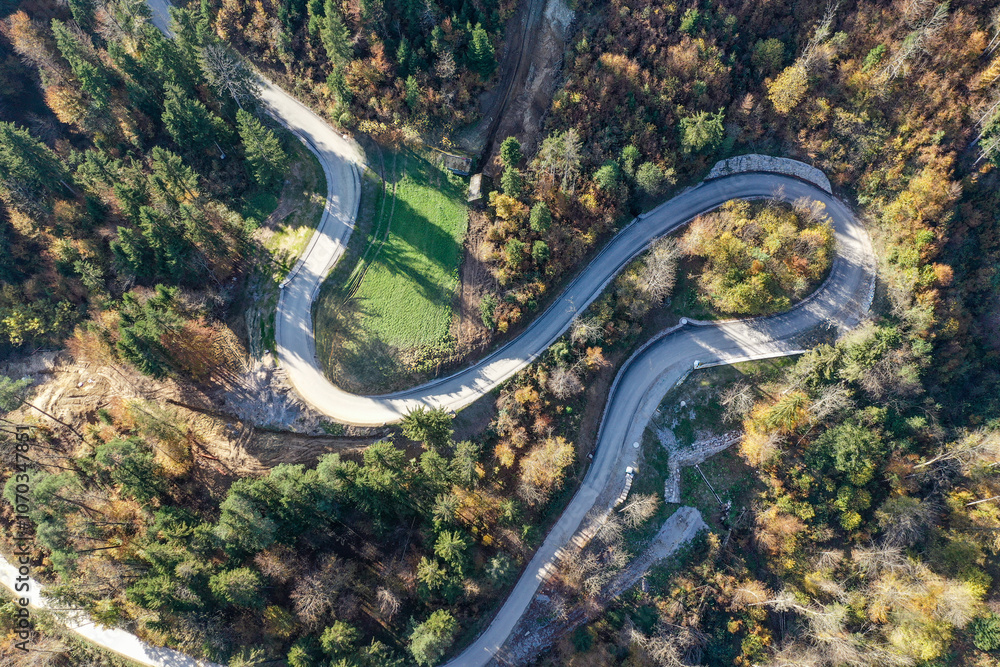 Bird's Eye View of Curved Winding Asphalt Road Through Forest Landscape Bird's Eye View of Curved Winding Asphalt Road Through Forest Landscape