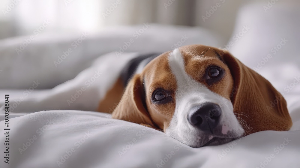 A small beagle rests comfortably on a smooth white surface, its adorable floppy ears and soulful eyes giving it a charming appearance. A small beagle rests comfortably on a smooth white surface, its adorable floppy ears and soulful eyes giving it a charming appearance.