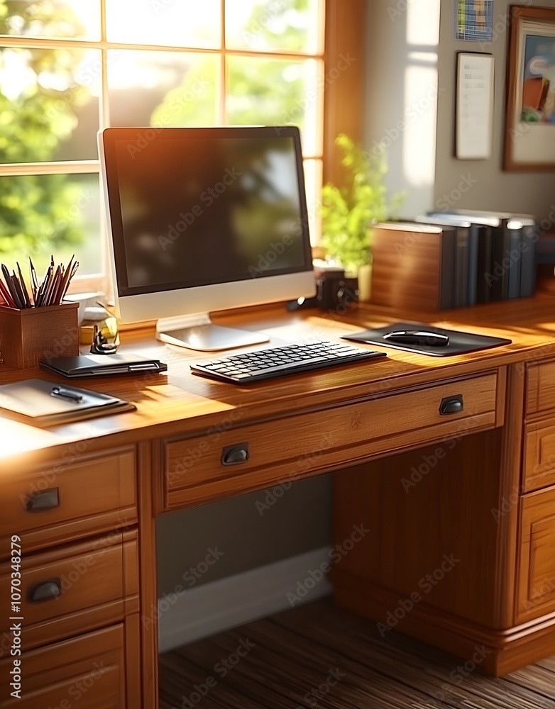 A well-organized wooden desk with a computer, stationery, and plants, ideal for work or study. A well-organized wooden desk with a computer, stationery, and plants, ideal for work or study.