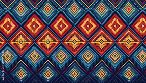 Wallpaper Mural Ethnic pixel art pattern with geometric diamonds in blue, red, and yellow tones, a perfect fit for wallpapers, textiles, and traditional crafts Torontodigital.ca