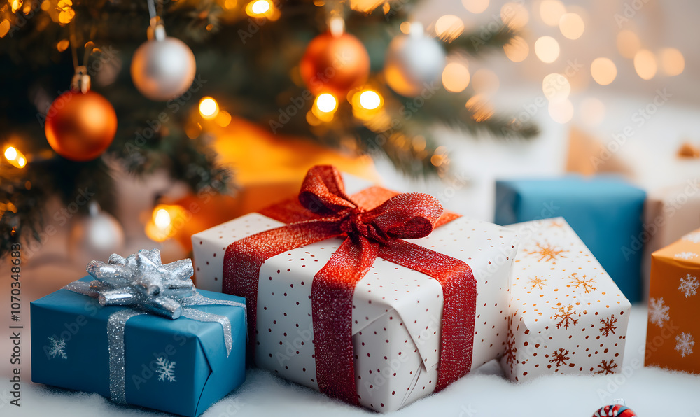 A cozy Christmas party scene with beautifully wrapped gifts, festive lights and traditional decorations. A cozy Christmas party scene with beautifully wrapped gifts, festive lights and traditional decorations.