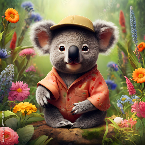 Cute koalabear wearing a shirt and a cap sitting among meadow wildflowers digital illustration photo