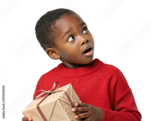Portrait of a young girl with a surprised expression holding a gift, isolated on transparent background