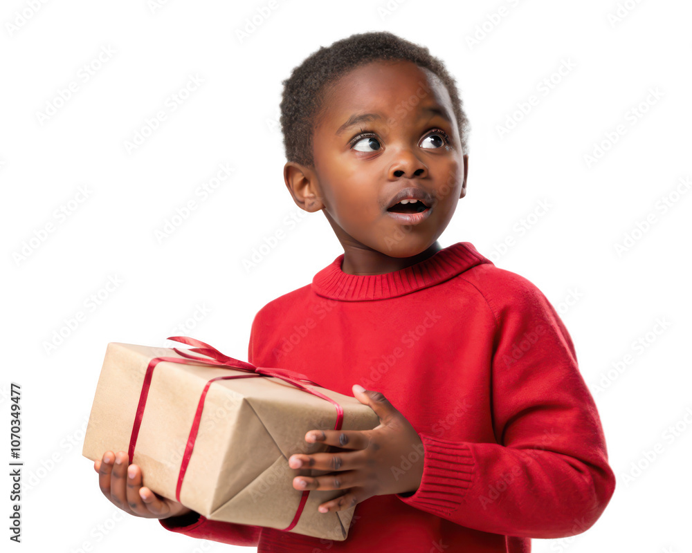Portrait of a young girl with a surprised expression holding a gift, isolated on transparent background Portrait of a young girl with a surprised expression holding a gift, isolated on transparent background