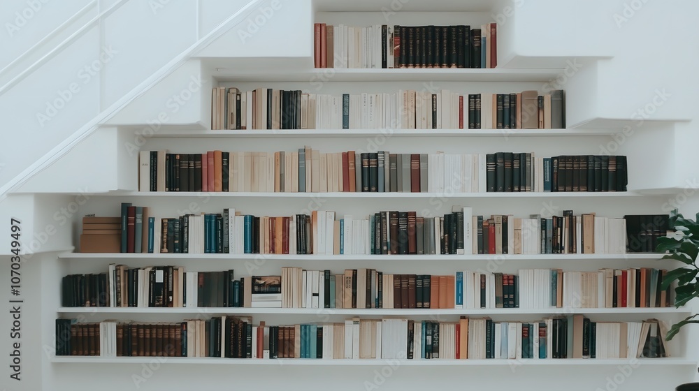 Built-in bookshelf under the stairs, combining functionality and style with neatly arranged books and decor, optimising space in a modern and creative way Built-in bookshelf under the stairs, combining functionality and style with neatly arranged books and decor, optimising space in a modern and creative way