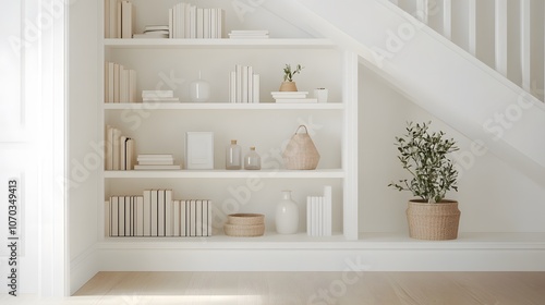 Built-in bookshelf under the stairs, combining functionality and style with neatly arranged books and decor, optimising space in a modern and creative way photo