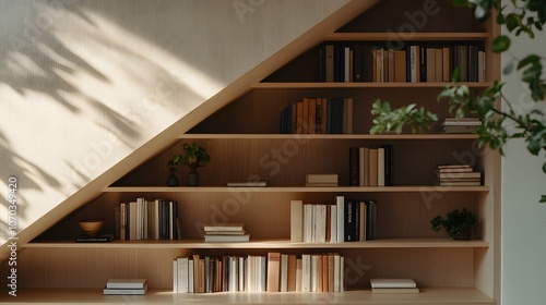 Built-in bookshelf under the stairs, combining functionality and style with neatly arranged books and decor, optimising space in a modern and creative way photo