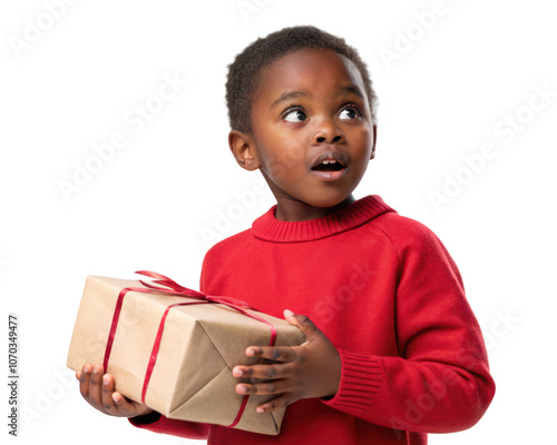 Portrait of a young girl with a surprised expression holding a gift, isolated on transparent background