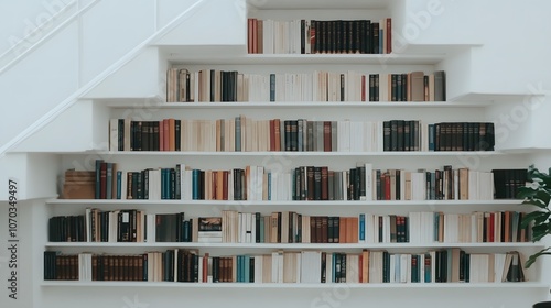 Built-in bookshelf under the stairs, combining functionality and style with neatly arranged books and decor, optimising space in a modern and creative way photo