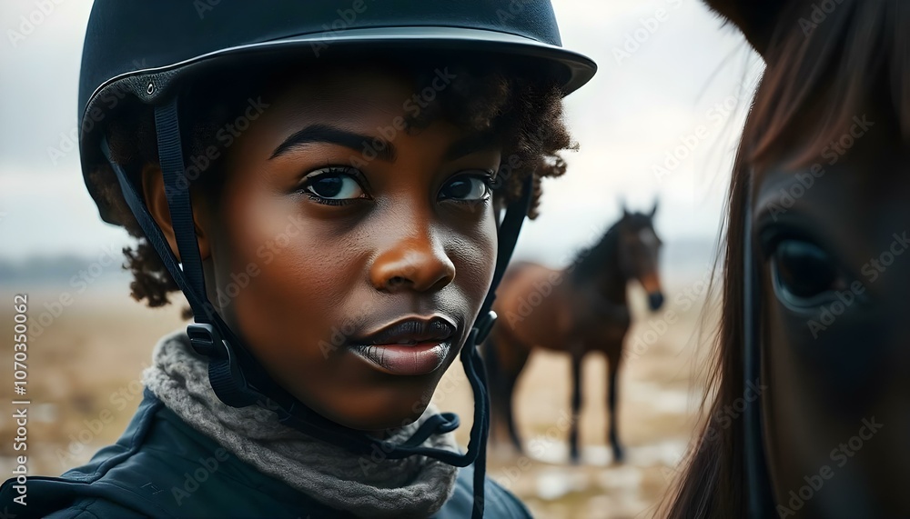 Fototapeta premium Young black woman horse rider with copy space
