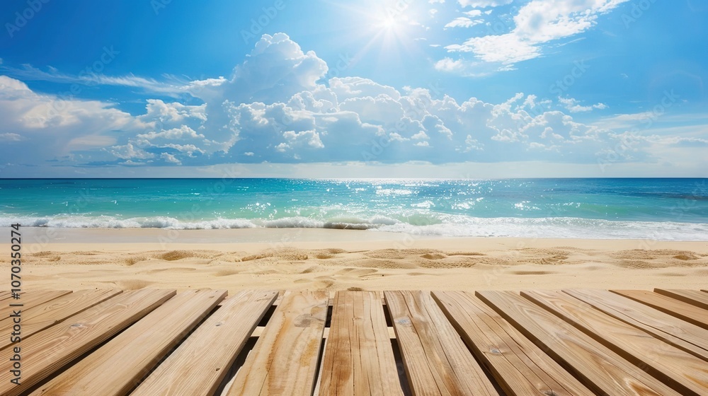 Fototapeta premium Calm sea horizon view from a weathered wooden platform, evoking tranquility