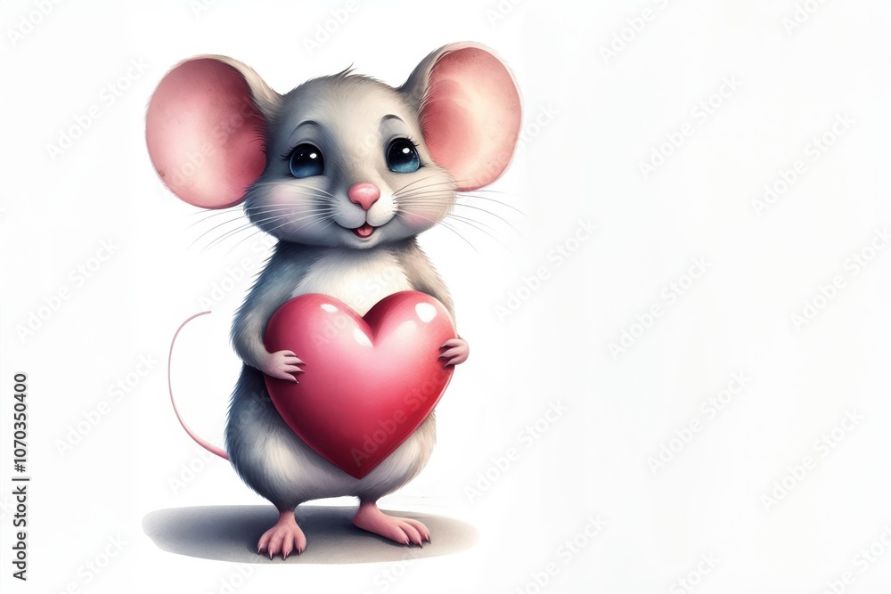 Eine süße graue Maus mit großen rosa Ohren hält ein rotes Herz und steht vor einem hellen Hintergrund mit viel Platz für Text – perfekt für eine Valentinstagskarte. Generative KI. Eine süße graue Maus mit großen rosa Ohren hält ein rotes Herz und steht vor einem hellen Hintergrund mit viel Platz für Text – perfekt für eine Valentinstagskarte. Generative KI.