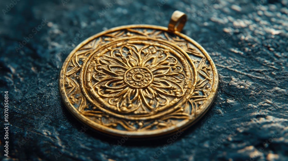 Ornate Gold Pendant on Dark Surface Ornate Gold Pendant on Dark Surface