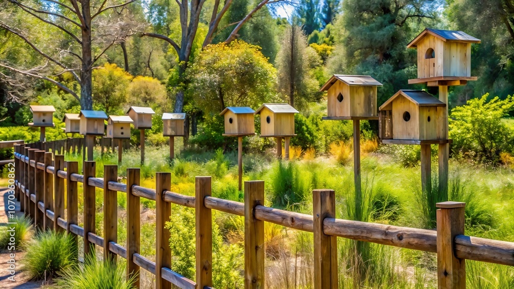 A scenic bird sanctuary with small nesting boxes attached to trees, protected by a low fence and surrounded by native plants A scenic bird sanctuary with small nesting boxes attached to trees, protected by a low fence and surrounded by native plants