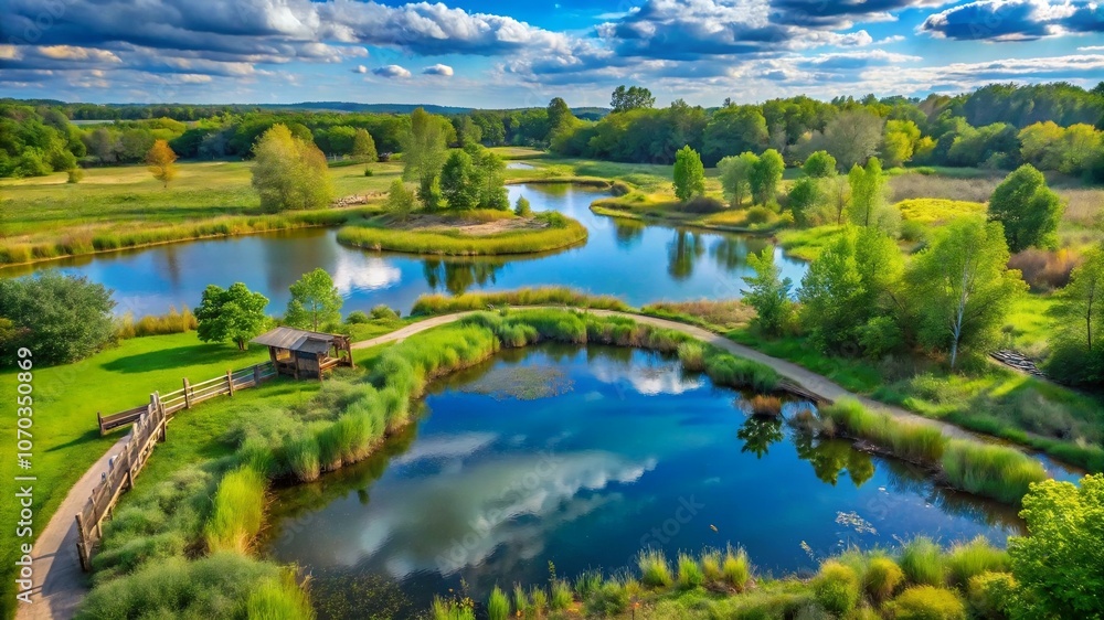 A protected wildlife sanctuary with diverse animal habitats, including a pond, forested area, and rolling meadows, all interconnected by eco-friendly pathways A protected wildlife sanctuary with diverse animal habitats, including a pond, forested area, and rolling meadows, all interconnected by eco-friendly pathways