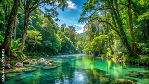 A pristine forest with a clear river running through, surrounded by towering trees and lush undergrowth, symbolizing untouched nature and conservation efforts