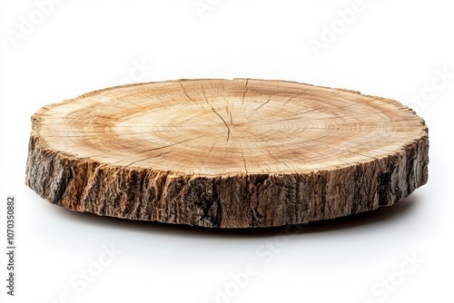 Wooden plate carved from tree trunk isolated on white background. Can be used like stand for your object , isolated on white background,  , copy space for text, photo