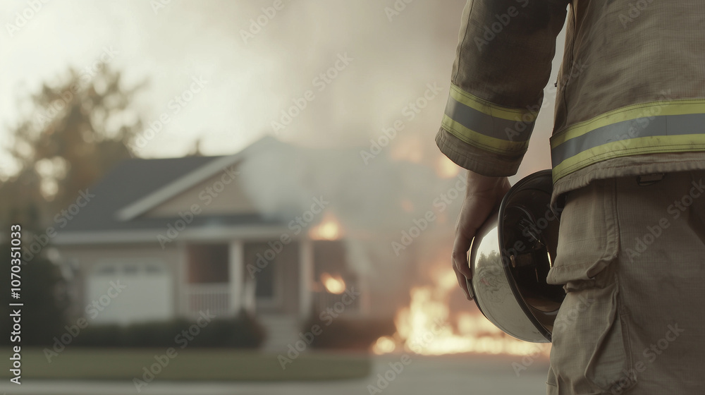 Firefighter on Scene of Residential Fire with Copy Space Firefighter on Scene of Residential Fire with Copy Space