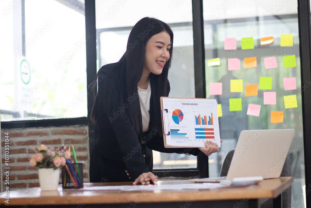 Businesswoman presenting analysis in online meeting Businesswoman presenting analysis in online meeting