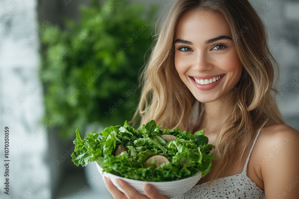 Happy woman presenting fresh salad in bright interior Happy woman presenting fresh salad in bright interior