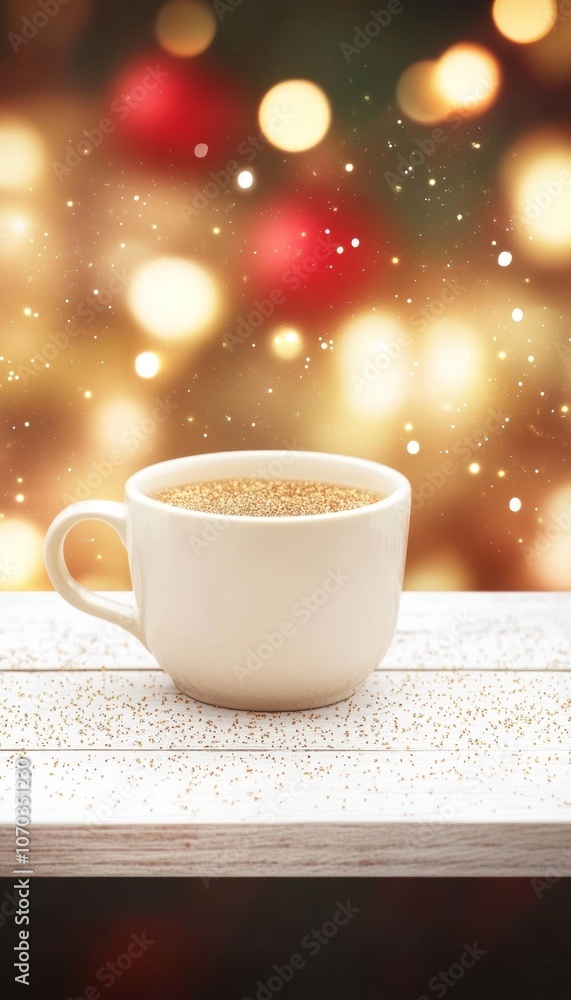 Fototapeta premium White Cup of Hot Chocolate on Snowy Wooden Table with Glowing Christmas Lights Background