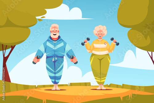 Elderly Couple Exercising Outdoors with Dumbbells