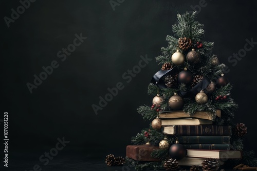 Dark Academia inspired Christmas tree with antique ornaments, dark ribbon, and vintage books, minimal background with copy space photo