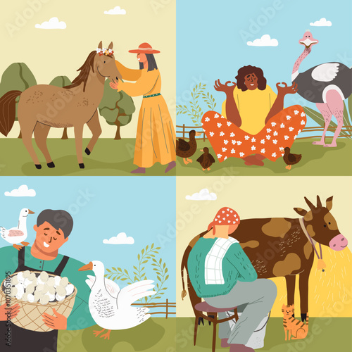 Farm Life Collage with Animals and People