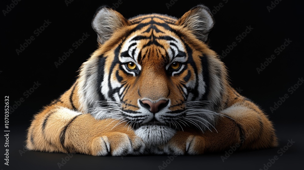 Obraz premium The intense gaze of a majestic tiger is captivated by the dark studio lighting.