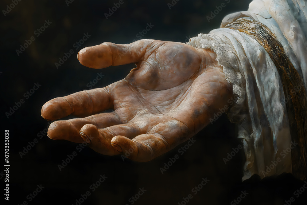 Close-Up of Jesus’s Hand Reaching Out in Darkness Close-Up of Jesus’s Hand Reaching Out in Darkness