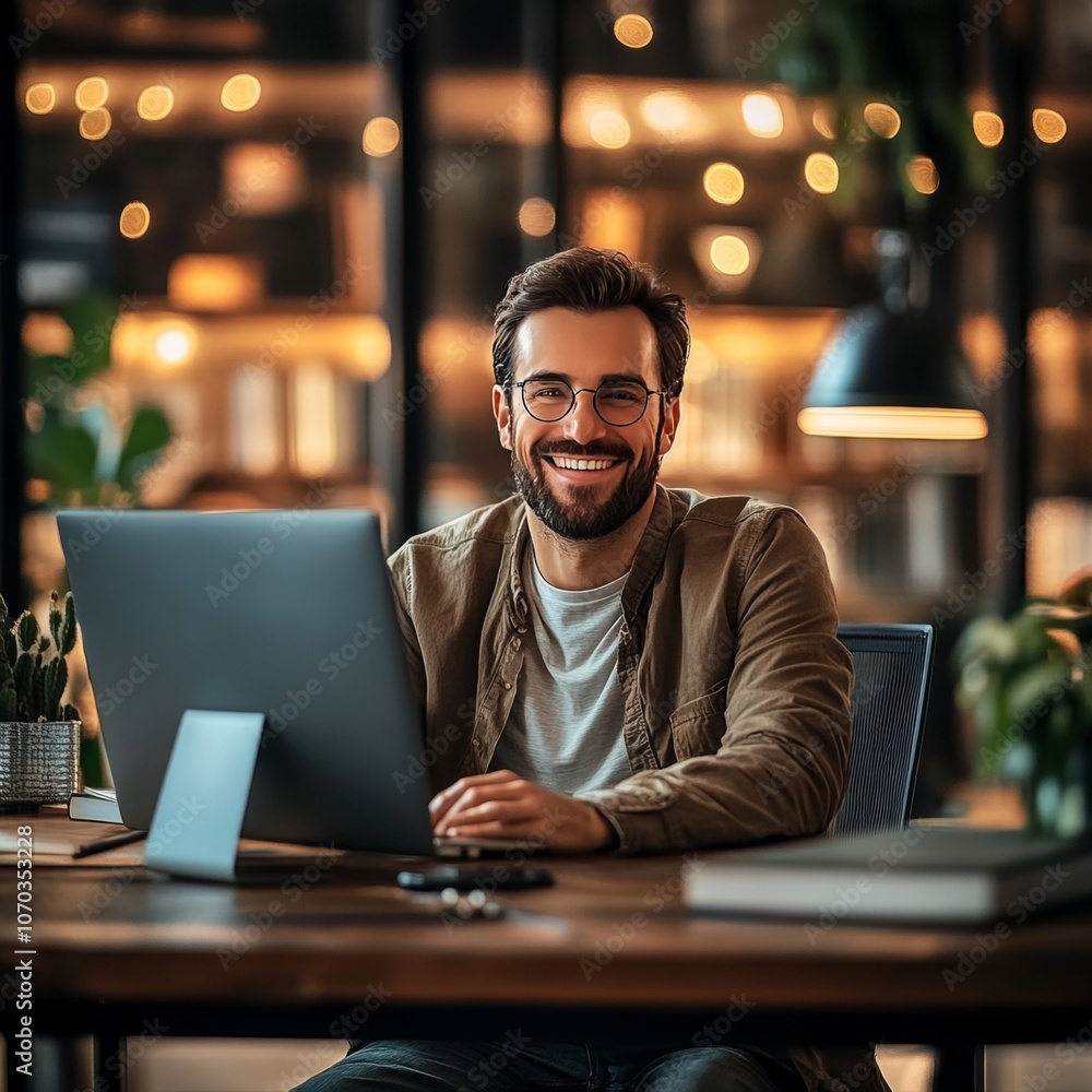 Smiling businessman working on laptop in modern office, Happy male professional working remotely Smiling businessman working on laptop in modern office, Happy male professional working remotely
