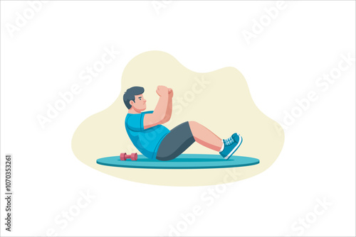 Fat man doing sport exercises, cartoon vector illustration isolated on white background. Fat man getting fit. Vector illustration.