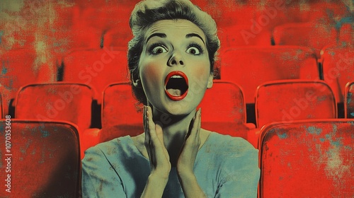 A young woman with a shocked expression sits in a movie theater.