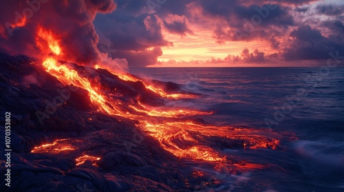 Lava Flowing Into Ocean at Sunset