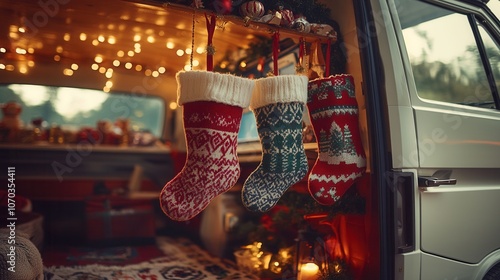 Festive Christmas stockings decorated in a cozy camper van for the holiday season photo